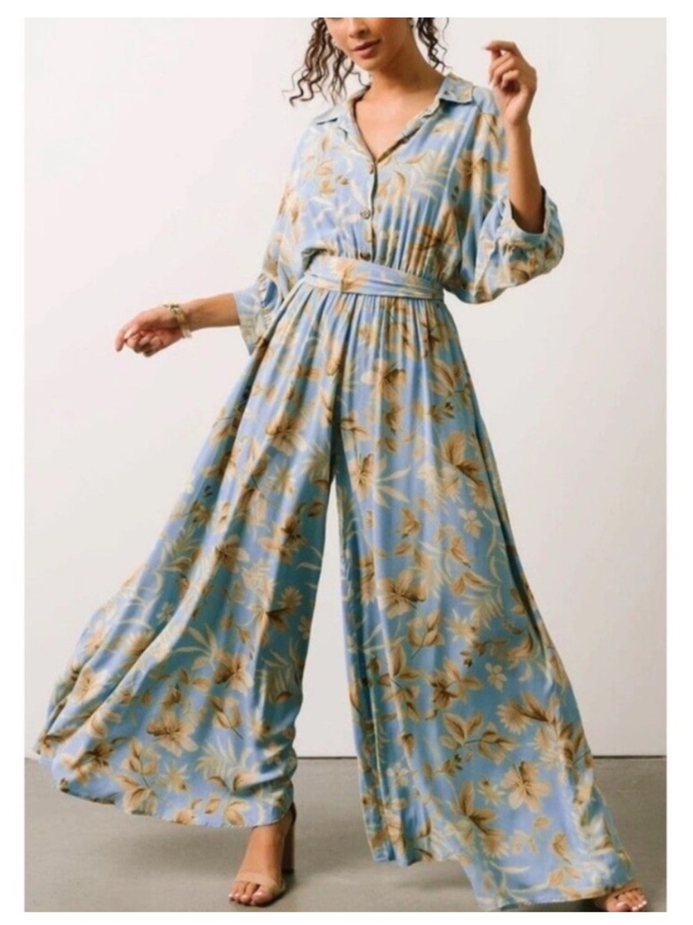 Baltic Born Blue and Golden Yellow Botanical Print Escondido Jumpsuit